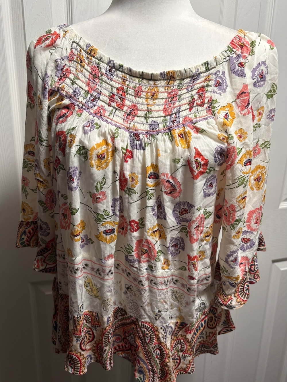 Democracy Cream Floral Peasant Tunic with Pink, Yellow & Purple Blooms
